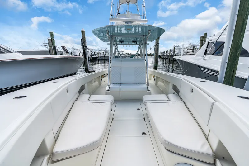  Yacht Photos Pics Interior view of 2016 SeaVee 390Z yacht docked at marina.