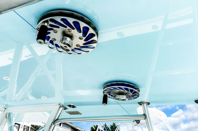  Yacht Photos Pics Close-up of 2016 SeaVee 390Z with blue accents.