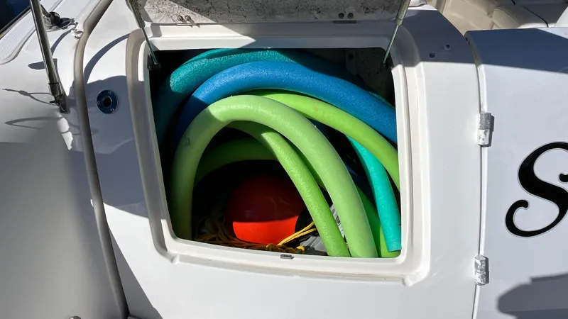 Lowest Price In Usa ! Yacht Photos Pics Storage compartment on 2008 Sea Ray 380 Sundancer with colorful pool noodles and a red ball.