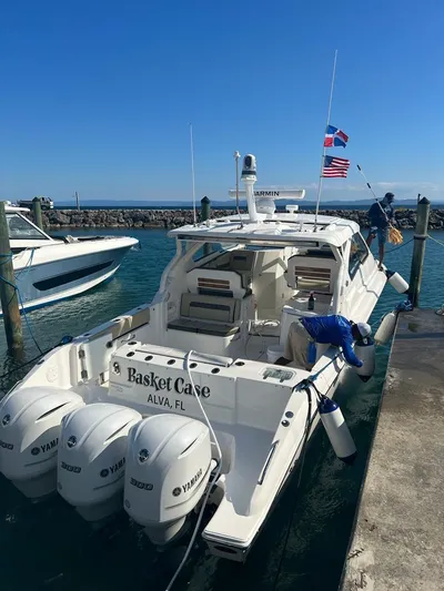  Yacht Photos Pics 2020 Pursuit DC 365 Dual Console boat docked with Yamaha engines.