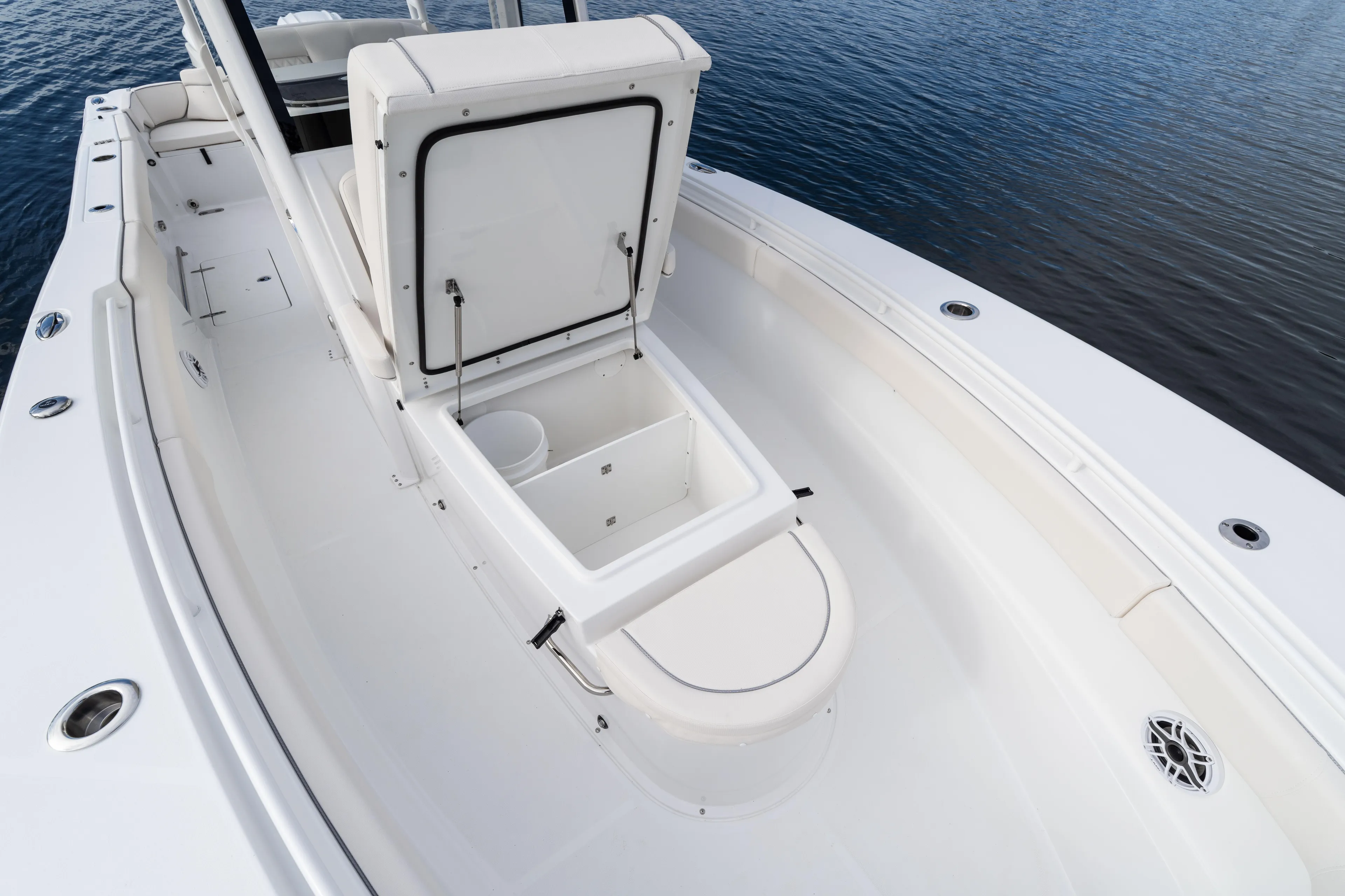  Yacht Photos Pics 2026 Sea Hunt Ultra 285 Coffin Box boat interior with open storage compartment.