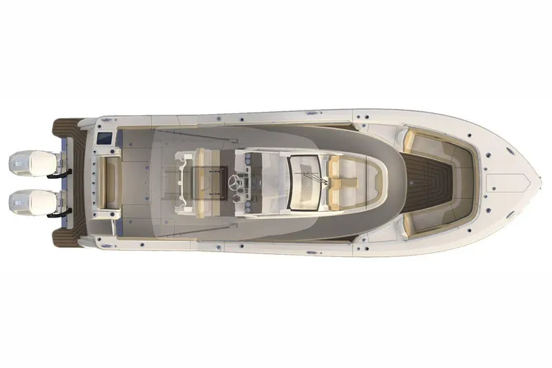 Your Next Boat! Yacht Photos Pics Manufacturer Provided Image: Top view of 2024 Scout 377 LXF boat with dual outboard engines.