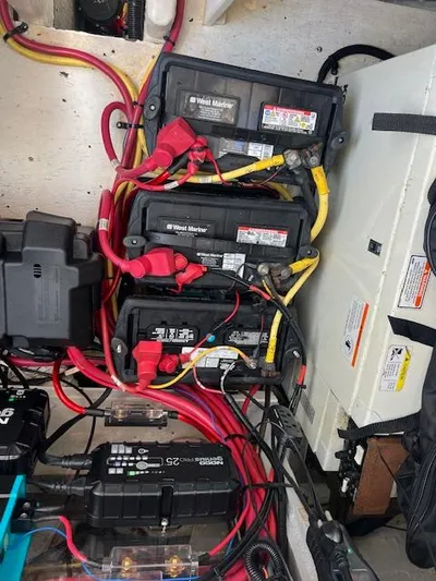 My Jojo Yacht Photos Pics Battery setup in a 2005 Cruisers Yachts 370 Express engine compartment.