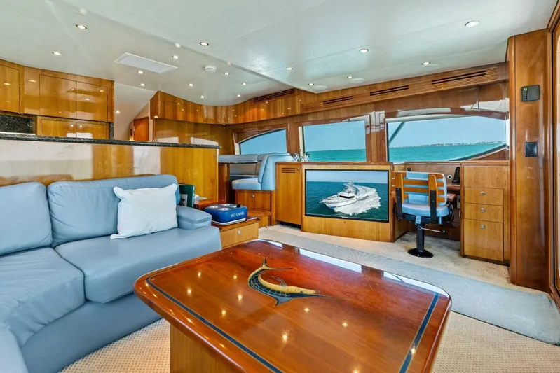 Big Game Yacht Photos Pics Luxurious interior of 2006 Hatteras 68 Convertible yacht with ocean view and elegant furnishings.