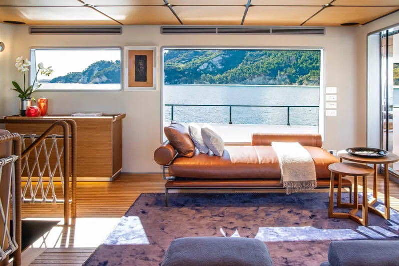  Yacht Photos Pics Luxurious interior of Custom Line Navetta 30 yacht, 2023, with lake view.