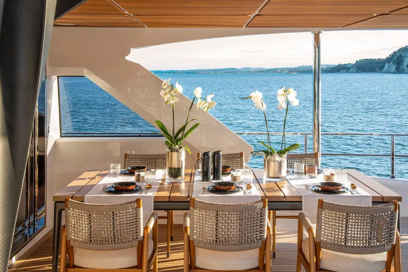  Yacht Photos Pics Luxurious dining area on the Custom Line Navetta 30 yacht, 2023.