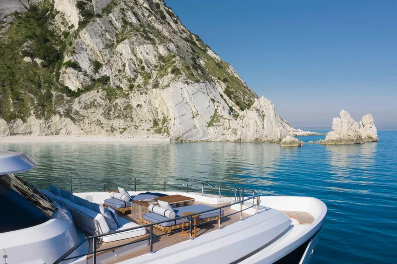  Yacht Photos Pics Luxury yacht Custom Line Navetta 30 near scenic coastline, 2023.