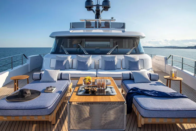  Yacht Photos Pics Luxury yacht Custom Line Navetta 30, 2023, with elegant outdoor deck lounge.
