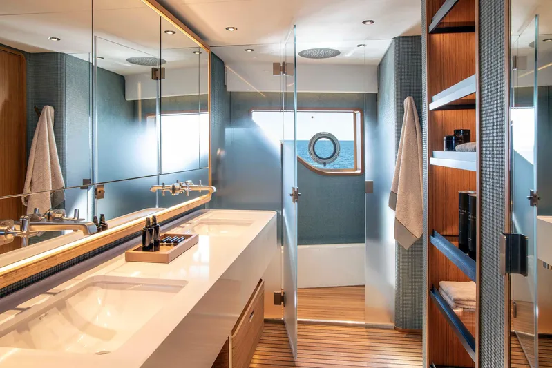  Yacht Photos Pics Luxurious bathroom on the Custom Line Navetta 30 yacht, 2023 model.
