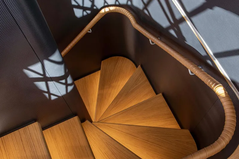  Yacht Photos Pics Wooden staircase on Custom Line Navetta 30 yacht, 2023 model.