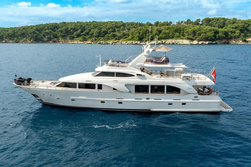 New Star Yacht Photos Pics Luxury 2002 Benetti Tradition 100 yacht cruising on serene blue waters.
