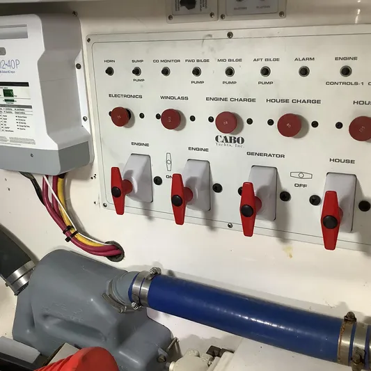 Lauralea Yacht Photos Pics Electrical control panel of a 2006 Cabo 35 Flybridge Sportfisher boat.