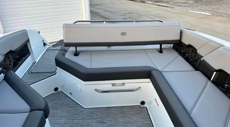  Yacht Photos Pics 2022 Cobalt R8 boat interior with gray seating and modern design.