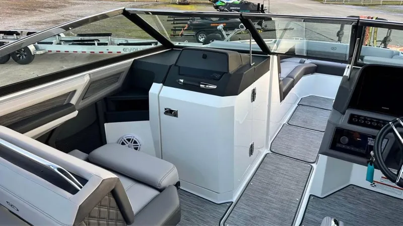  Yacht Photos Pics 2022 Cobalt R8 boat interior with modern seating and sleek dashboard design.