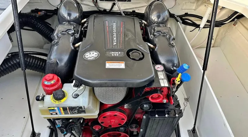 Yacht Photos Pics Engine compartment of a 2022 Cobalt R8 boat, featuring a Volvo Penta V8 engine.