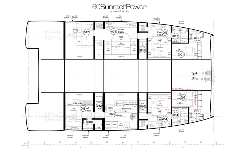 60p14 Yacht Photos Pics Floor plan of 2026 Sunreef 60 Power yacht, showcasing cabin and technical layouts.