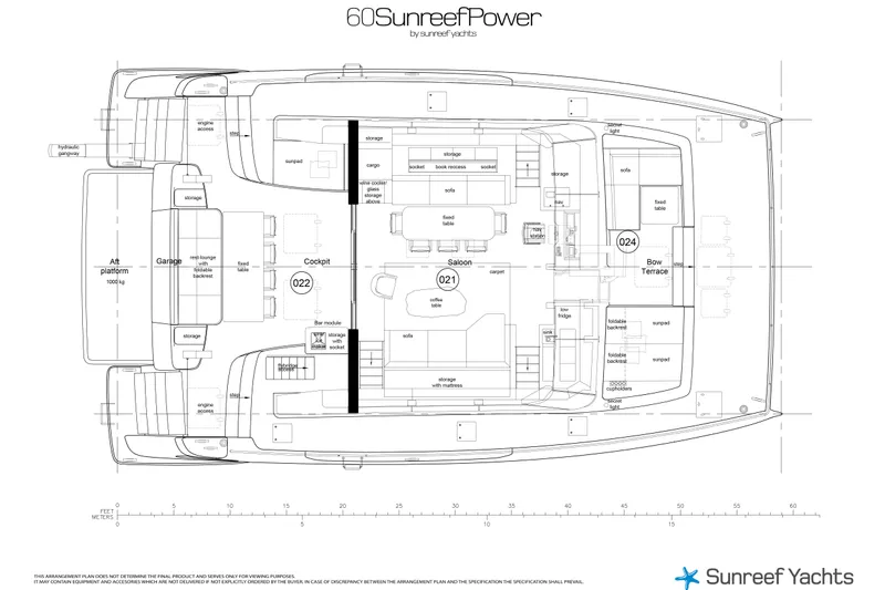 60p14 Yacht Photos Pics Floor plan of 2026 Sunreef 60 Power yacht, showcasing layout and features.