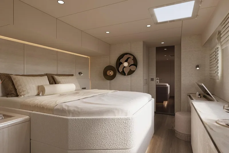 60p14 Yacht Photos Pics Luxurious bedroom interior of 2026 Sunreef 60 Power yacht, featuring elegant design and modern amenities.