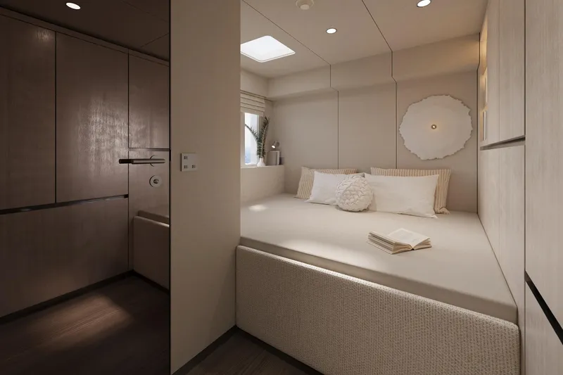 60p14 Yacht Photos Pics Luxurious bedroom interior of 2026 Sunreef 60 Power yacht, featuring elegant design and cozy ambiance.