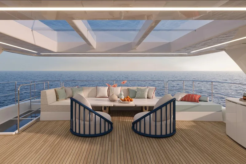 60p14 Yacht Photos Pics Luxurious Sunreef 60 Power yacht deck with elegant seating, ocean view, and modern design, 2026 model.