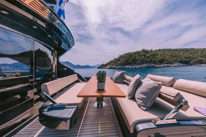  Yacht Photos Pics Luxurious 2006 Riva 68 Ego yacht deck with elegant seating and scenic ocean view.
