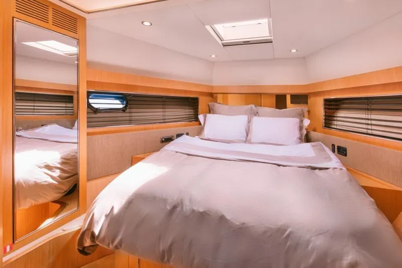  Yacht Photos Pics Luxurious bedroom interior of 2006 Riva 68 Ego yacht with elegant wood finishes.