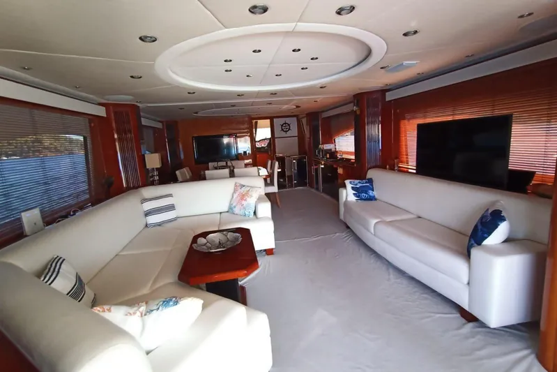  Yacht Photos Pics Luxurious interior of 2005 Sunseeker 94 Yacht with elegant seating and modern decor.