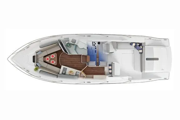  Yacht Photos Pics Manufacturer Provided Image: 2018 Pursuit SC 365i Sport Coupe interior layout, featuring seating, dining, and kitchen areas.