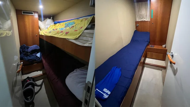 Etan Yacht Photos Pics 2004 Ferretti Yachts 760 interior cabin with bunk beds and single bed.