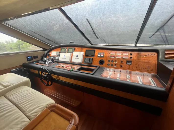 Etan Yacht Photos Pics Cockpit of 2004 Ferretti Yachts 760 with advanced navigation controls and luxurious seating.