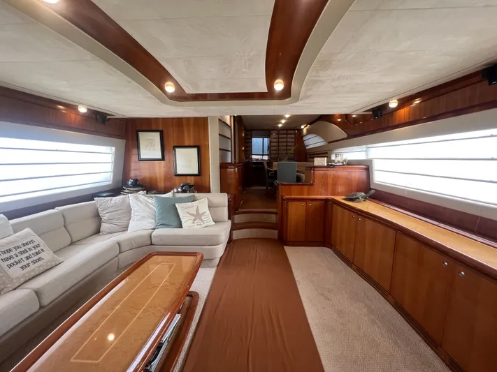 Etan Yacht Photos Pics Luxurious interior of a 2004 Ferretti Yachts 760 with elegant wood finishes and plush seating.