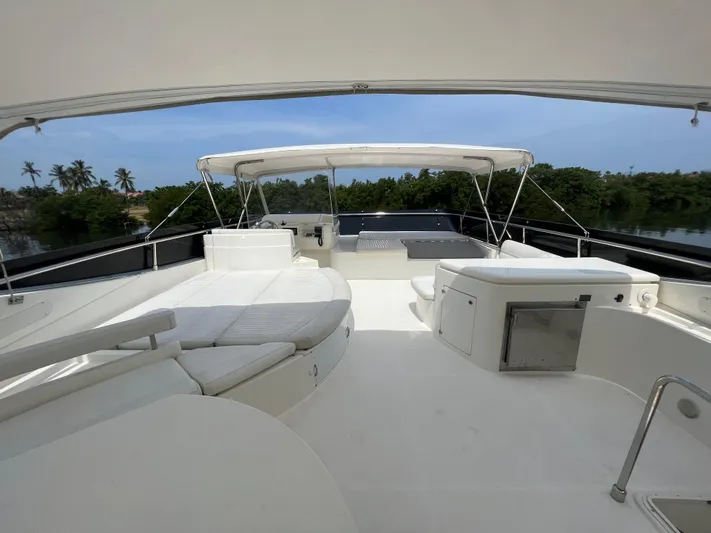 Etan Yacht Photos Pics Flybridge of a 2004 Ferretti Yachts 760 with seating and canopy.