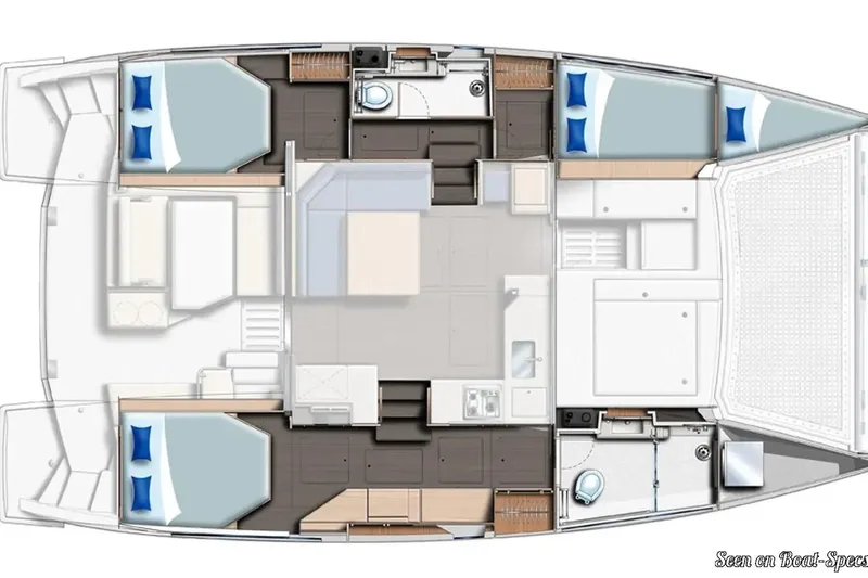 Changing Keys Yacht Photos Pics Floor plan of a 2020 Leopard 40 catamaran, featuring cabins and living areas.