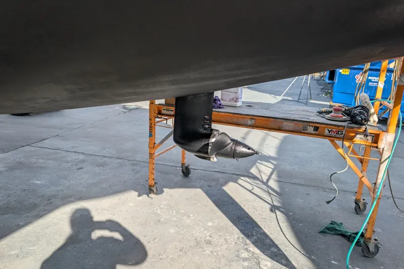 Changing Keys Yacht Photos Pics Propeller of a 2020 Leopard 40 catamaran on a maintenance stand.