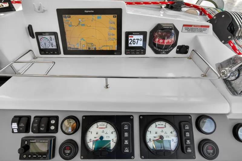 Changing Keys Yacht Photos Pics Control panel of a 2020 Leopard 40 catamaran with navigation and engine instruments.