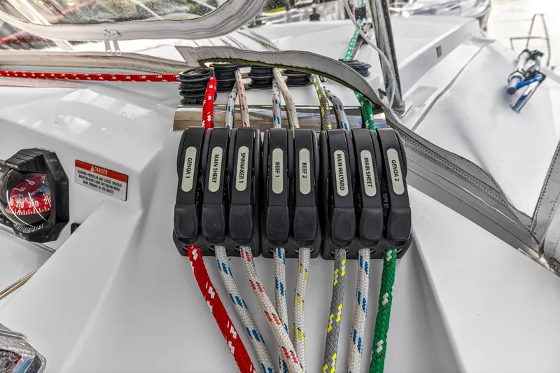 Changing Keys Yacht Photos Pics Sailing controls on a 2020 Leopard 40 catamaran, featuring labeled rope clutches.