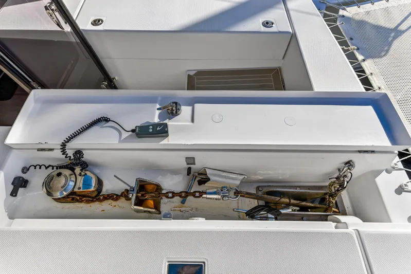 Changing Keys Yacht Photos Pics Anchor locker of a 2020 Leopard 40 catamaran with chain and winch.