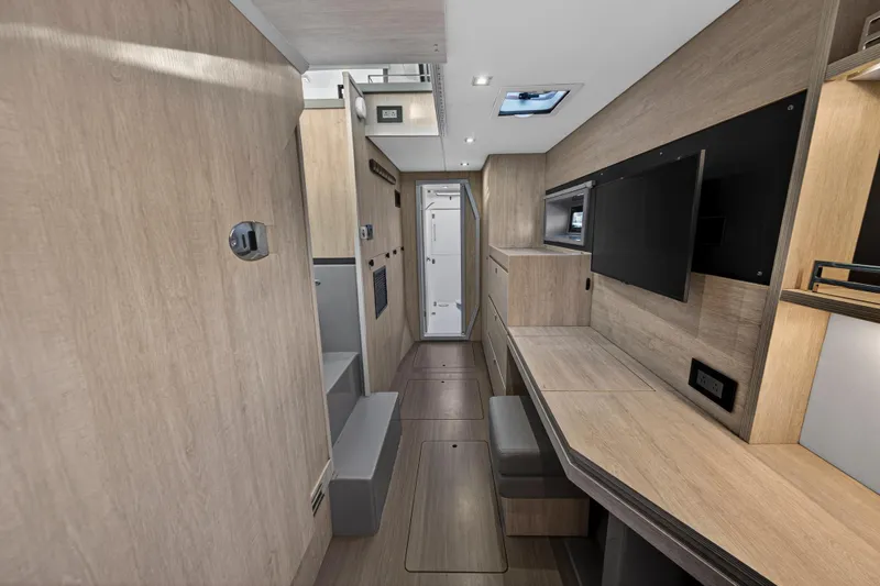 Changing Keys Yacht Photos Pics Modern interior of 2020 Leopard 40 catamaran with wood finish and sleek design.