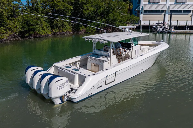  Yacht Photos Pics 2018 HCB 42 Siesta boat with four Yamaha engines on calm water.