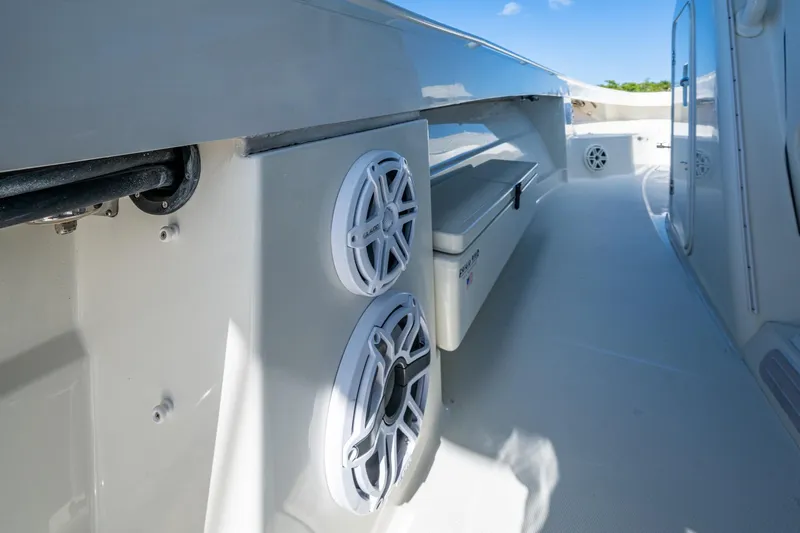  Yacht Photos Pics 2018 HCB 42 Siesta boat deck with speakers and storage compartment.