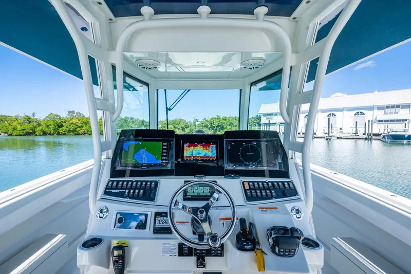  Yacht Photos Pics 2018 HCB 42 Siesta boat helm with advanced navigation displays and controls.