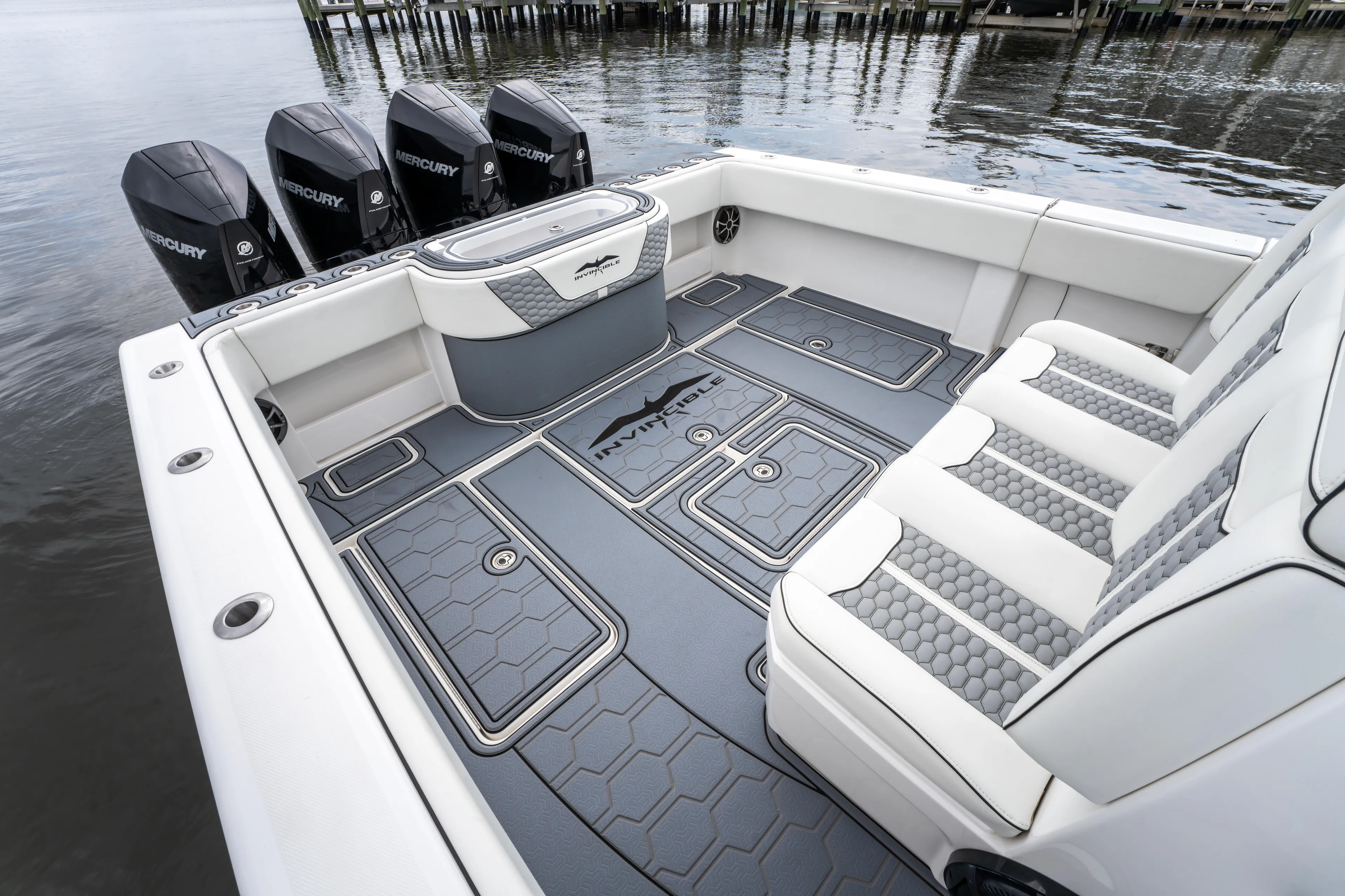  Yacht Photos Pics 2022 Invincible 39 Open Fisherman boat with spacious deck and multiple outboard engines.