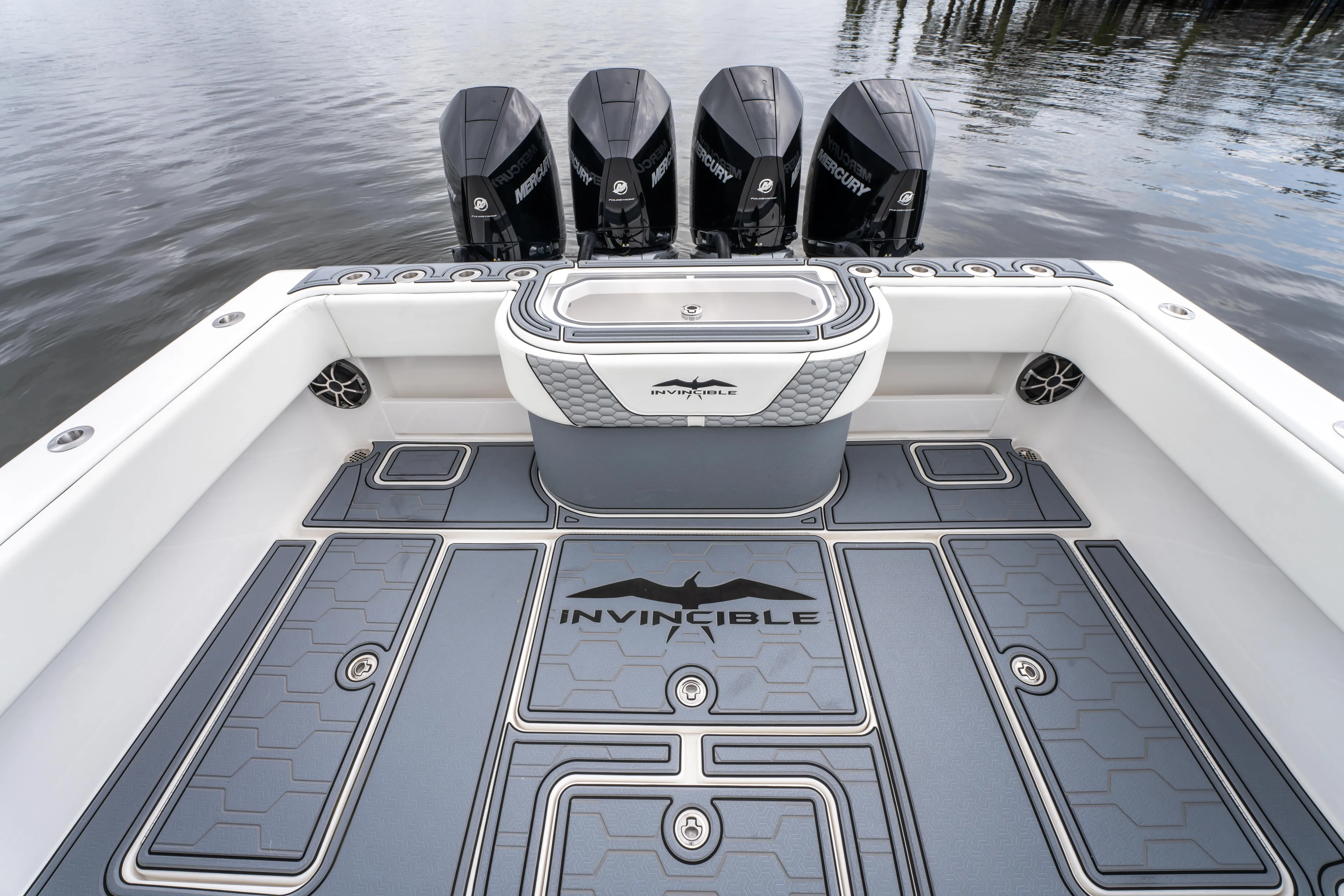  Yacht Photos Pics 2022 Invincible 39 Open Fisherman boat deck with four powerful engines.