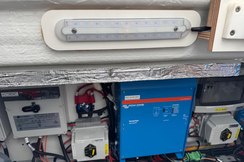  Yacht Photos Pics Electrical system setup in a 2026 Lagoon 55 yacht, featuring Victron Energy inverter.