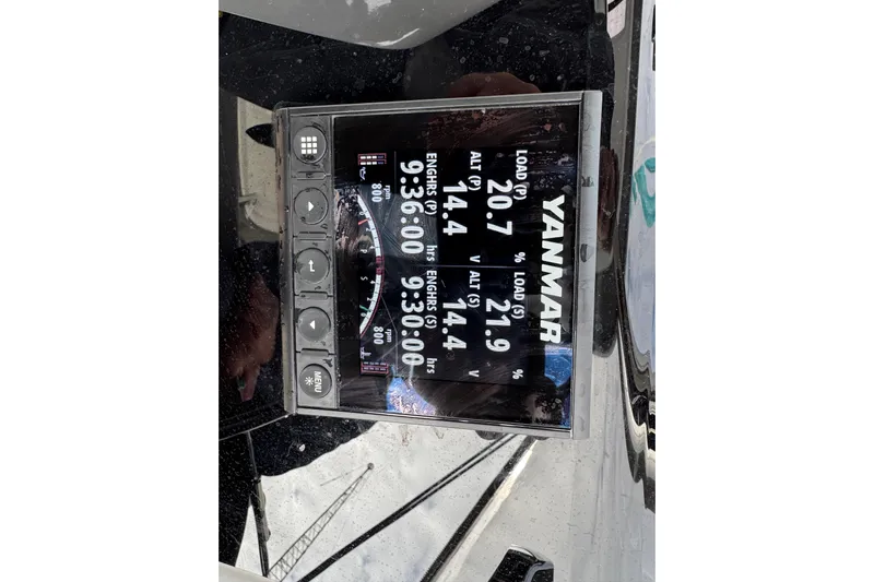  Yacht Photos Pics Yanmar engine display on 2026 Lagoon 55 yacht, showing load and voltage readings.