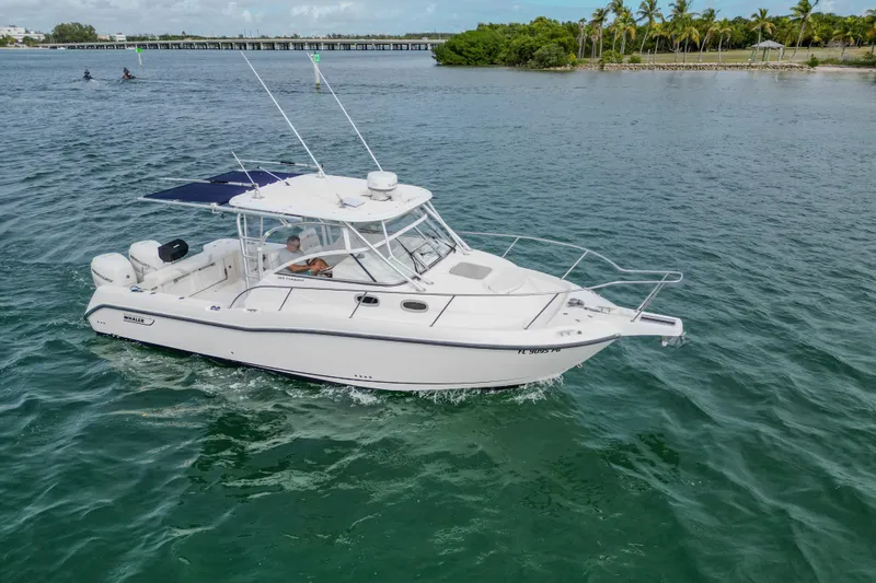  Yacht Photos Pics 2007 Boston Whaler 305 Conquest cruising on open water, scenic backdrop.