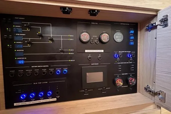 Maty Yacht Photos Pics Control panel of a 2023 Lagoon Seventy 7 yacht, featuring gauges and switches.