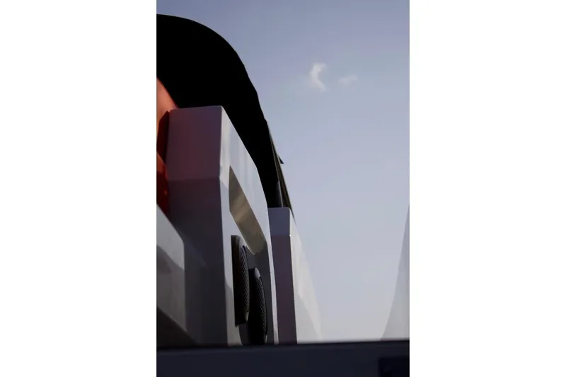  Yacht Photos Pics Close-up of 2018 Vanquish Yachts VQ 45 against a clear sky.