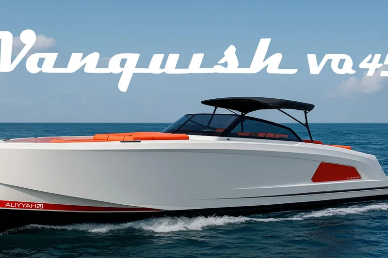  Yacht Photos Pics 2018 Vanquish Yachts VQ 45 cruising on open water, sleek design with orange accents.