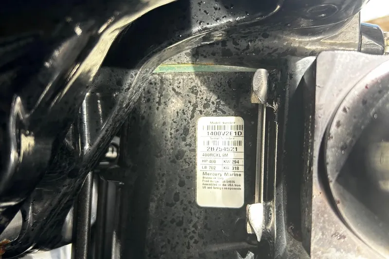  Yacht Photos Pics Close-up of a 2021 Nor-Tech 390 Sport Center Console engine label.